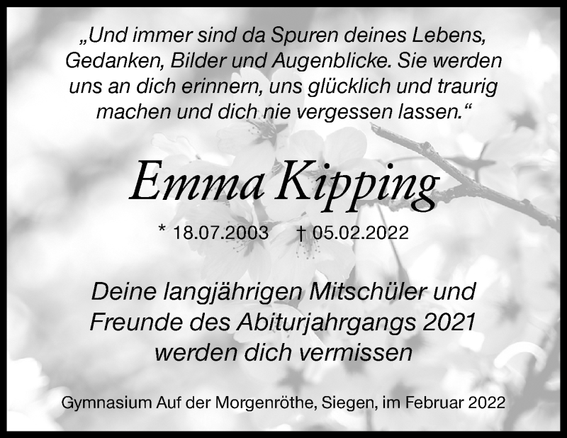  Traueranzeige für Emma Kipping vom 19.02.2022 aus Siegener Zeitung