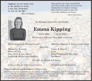 Traueranzeige von Emma Kipping von Siegener Zeitung