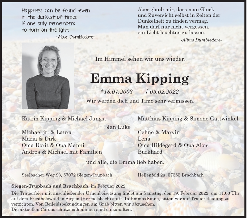 Traueranzeige für Emma Kipping vom 15.02.2022 aus Siegener Zeitung