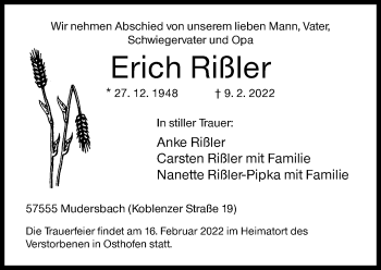 Traueranzeige von Erich Rißler von Siegener Zeitung