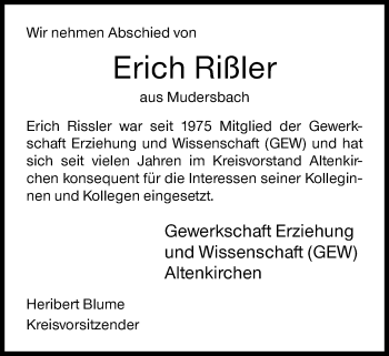 Traueranzeige von Erich Rißler von Siegener Zeitung