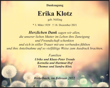 Traueranzeige von Erika Klotz von Siegener Zeitung
