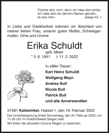 Traueranzeige von Erika Schuldt von Siegener Zeitung