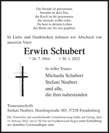 Traueranzeige von Erwin Schubert von Siegener Zeitung