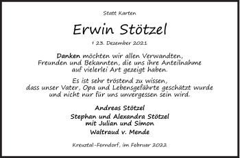 Traueranzeige von Erwin Stötzel von Siegener Zeitung