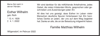 Traueranzeige von Esther Wilhelm von Siegener Zeitung