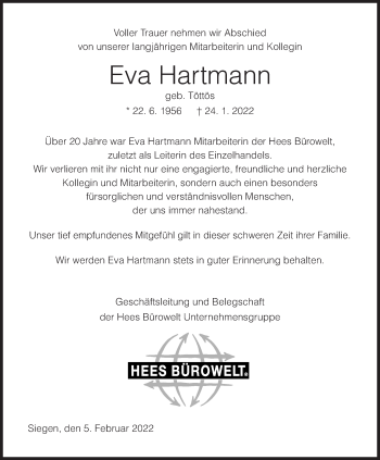 Traueranzeige von Eva Hartmann von Siegener Zeitung