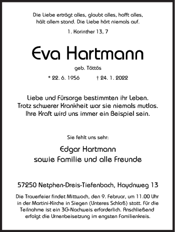 Traueranzeige von Eva Hartmann von Siegener Zeitung