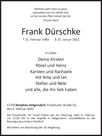 Traueranzeige von Frank Dürschke von Siegener Zeitung