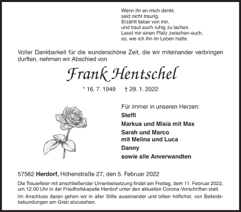 Traueranzeige von Frank Hentschel von Siegener Zeitung