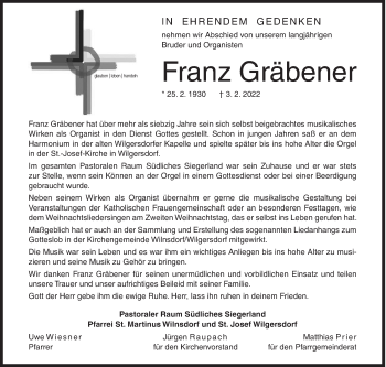 Traueranzeige von Franz Gräbener von Siegener Zeitung