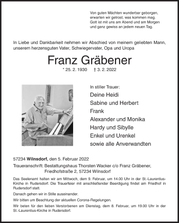 Traueranzeige von Franz Gräbener von Siegener Zeitung