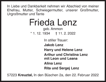 Traueranzeige von Frieda Lenz von Siegener Zeitung