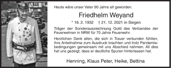 Traueranzeige von Friedhelm Weyand von Siegener Zeitung