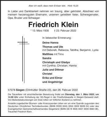 Traueranzeige von Friedrich Klein von Siegener Zeitung