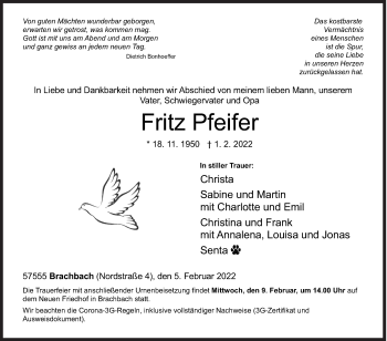 Traueranzeige von Fritz Pfeifer von Siegener Zeitung