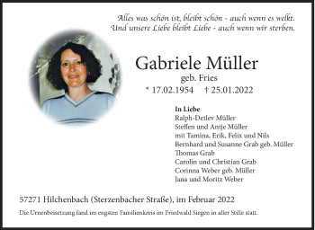 Traueranzeige von Gabriele Müller von Siegener Zeitung