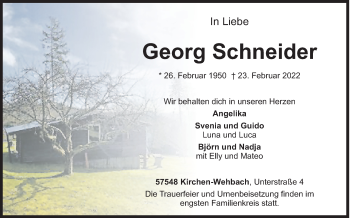 Traueranzeige von Georg Schneider von Siegener Zeitung