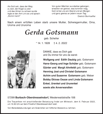 Traueranzeige von Gerda Gotsmann von Siegener Zeitung