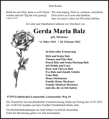 Traueranzeige von Gerda Maria Balz von Siegener Zeitung