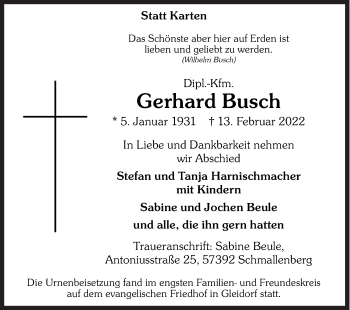 Traueranzeige von Gerhard Busch von Siegener Zeitung