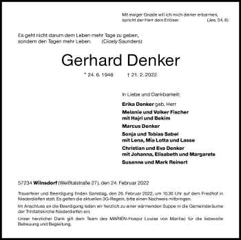 Traueranzeige von Gerhard Denker von Siegener Zeitung