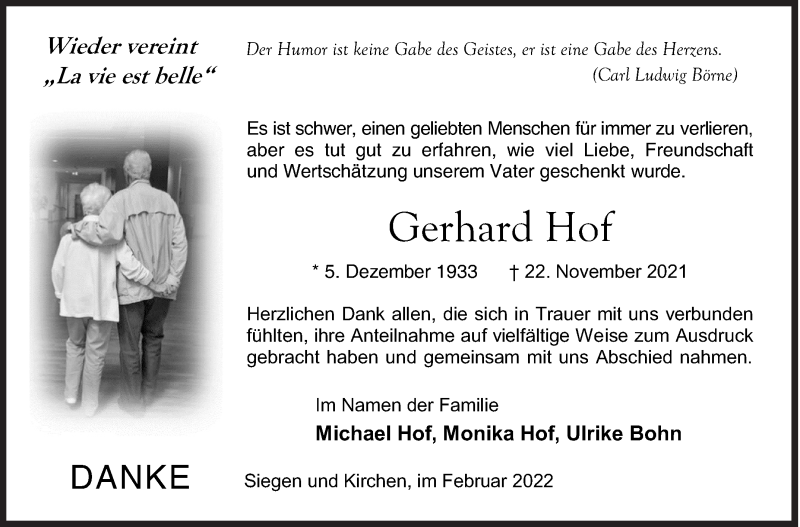  Traueranzeige für Gerhard Hof vom 12.02.2022 aus Siegener Zeitung