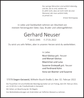 Traueranzeige von Gerhard Neuser von Siegener Zeitung
