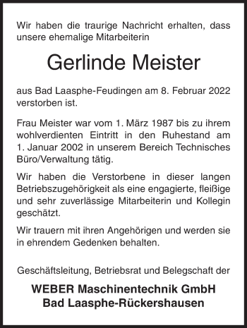 Traueranzeige von Gerlinde Meister von Siegener Zeitung