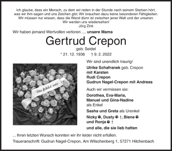 Traueranzeige von Gertrud Crepon von Siegener Zeitung