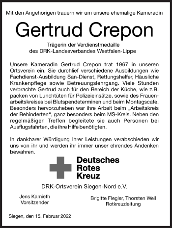 Traueranzeige von Gertrud Crepon von Siegener Zeitung