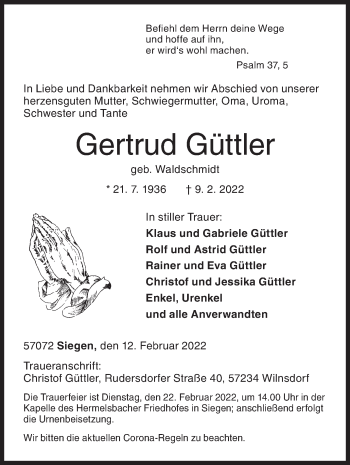 Traueranzeige von Gertrud Güttler von Siegener Zeitung