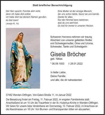 Traueranzeige von Gisela Bröcher von Siegener Zeitung