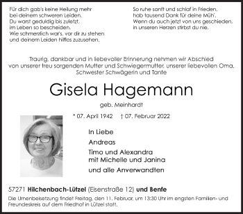 Traueranzeige von Gisela Hagemann von Siegener Zeitung