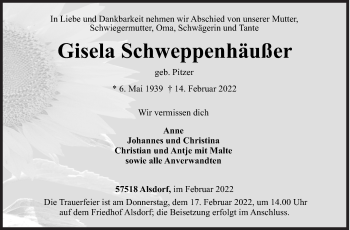 Traueranzeige von Gisela Schweppenhäußer von Siegener Zeitung