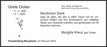 Traueranzeige von Grete Dicker von Siegener Zeitung