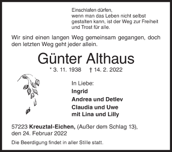 Traueranzeige von Günter Althaus von Siegener Zeitung