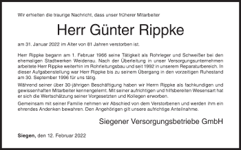 Traueranzeige von Günter Rippke von Siegener Zeitung