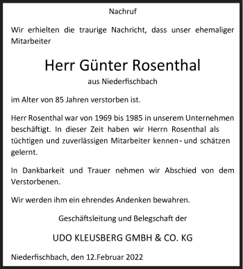 Traueranzeige von Günter Rosenthal von Siegener Zeitung