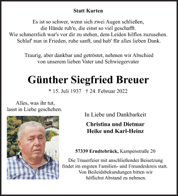 Traueranzeige von Günther Siegfried Breuer von Siegener Zeitung