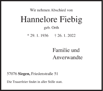 Traueranzeige von Hannelore Fiebig von Siegener Zeitung
