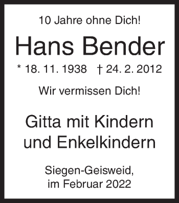 Traueranzeige von Hans Bender von Siegener Zeitung