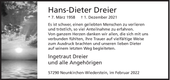 Traueranzeige von Hans-Dieter Dreier von Siegener Zeitung