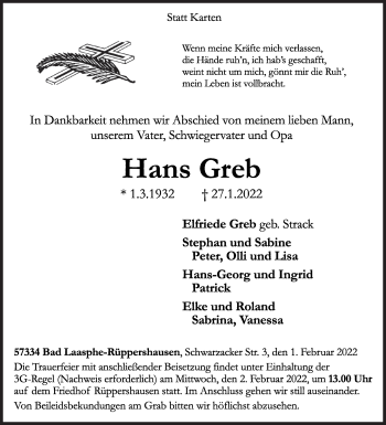 Traueranzeige von Hans Greb von Siegener Zeitung