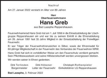 Traueranzeige von Hans Greb von Siegener Zeitung