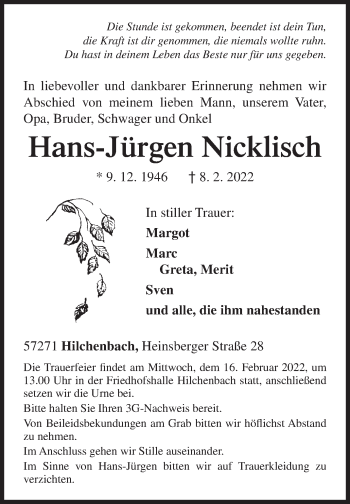 Traueranzeige von Hans-Jürgen Nicklisch von Siegener Zeitung