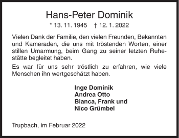 Traueranzeige von Hans-Peter Dominik von Siegener Zeitung