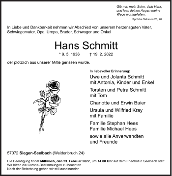 Traueranzeige von Hans Schmitt von Siegener Zeitung