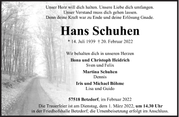 Traueranzeige von Hans Schuhen von Siegener Zeitung