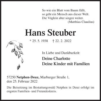 Traueranzeige von Hans Steuber von Siegener Zeitung